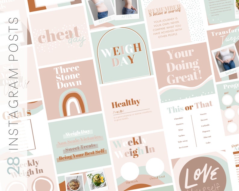 May include: A collection of 28 Instagram posts with a pastel color scheme. The posts include text such as "Cheat Day", "Weigh Day", "Healthy", and "Love Yourself". The posts also feature images and graphics related to health and wellness.