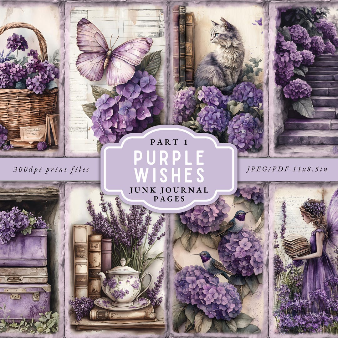 Purple Junk Journal Pages Kit, Vintage Paper Scrapbook Printable ...