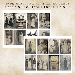 Puede incluir: Tarjetas de intercambio de artistas imprimibles con im&aacute;genes de &eacute;poca de figuras espeluznantes, mu&ntilde;ecas y casas encantadas. Las tarjetas miden 6,35 x 8,89 cm y vienen en formatos JPEG y PDF. La hoja mide 27,94 x 21,59 cm.