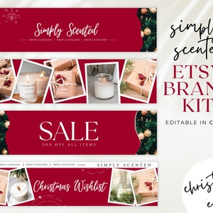 May include: A red and white Etsy brand kit for a candle business called "Simply Scented". The kit includes four pre-designed templates for social media posts, featuring candles, gift boxes, and Christmas decorations. The text on the templates includes "Simply Scented", "Shop Category", "Sale", "30% Off All Items", "Christmas Wishlist", and "Editable in Canva".