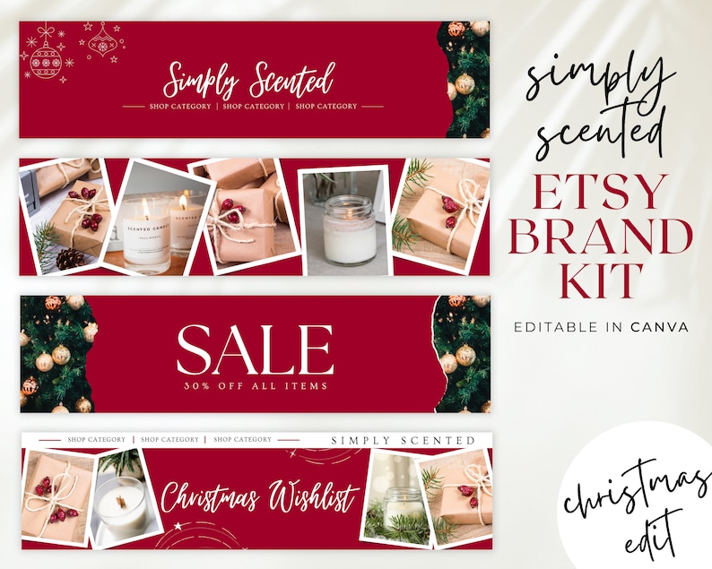 May include: A red and white Etsy brand kit for a candle business called "Simply Scented". The kit includes four pre-designed templates for social media posts, featuring candles, gift boxes, and Christmas decorations. The text on the templates includes "Simply Scented", "Shop Category", "Sale", "30% Off All Items", "Christmas Wishlist", and "Editable in Canva".