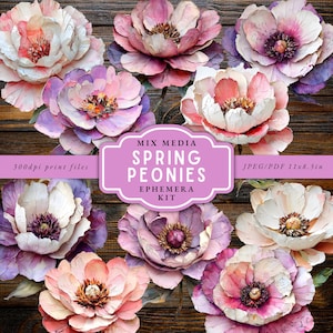 Puede incluir: Una colección de flores de peonía estilo acuarela en tonos rosa, morado y blanco, dispuestas sobre un fondo de vetas de madera oscura. La imagen incluye una etiqueta lavanda con el texto "MIX MEDIA SPRING PEONIES EPHEMERA KIT". Las flores están en varias etapas de floración.
