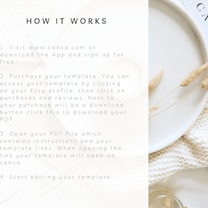 May include: A white background with black text explaining how to use a Canva template purchased on Etsy. The text includes instructions on how to access the template, download the PDF, and open the template in Canva. The image also includes a white plate with dried flowers on top of a white knitted blanket.