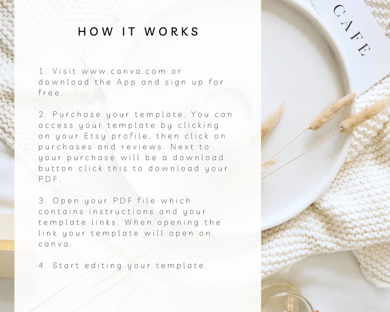 May include: A white background with black text explaining how to use a Canva template purchased on Etsy. The text includes instructions on how to access the template, download the PDF, and open the template in Canva. The image also includes a white plate with dried flowers on top of a white knitted blanket.