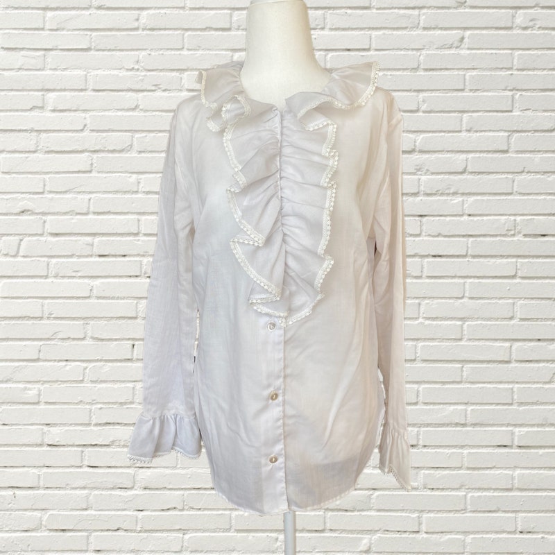 90s Asymmetrical White Ruffle Collar Blouse Cotton Blend