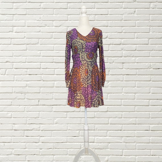 Vintage 70s Purple Mini Dress - Abstract Swirl Pr… - image 1