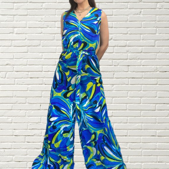 Vintage 70s Jumpsuit - Blue Green Abstract Swirl … - image 2