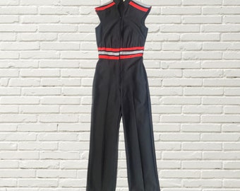 Vintage 70s Jumpsuit - Black with Red Striped Straight /flare Leg Sporty Jumpsuit size xs