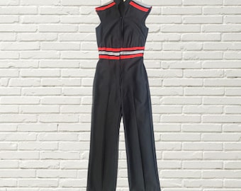 Vintage 70s Jumpsuit Black With Red Striped Straight /flare Leg