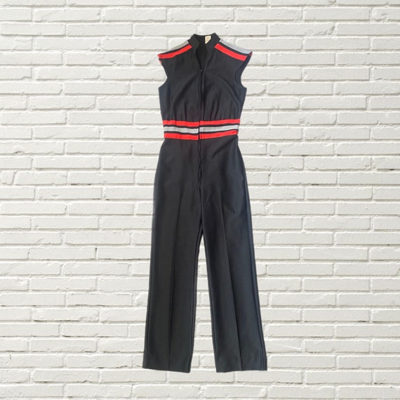 Vintage 70s Jumpsuit - Black with Red Striped Str… - image 1