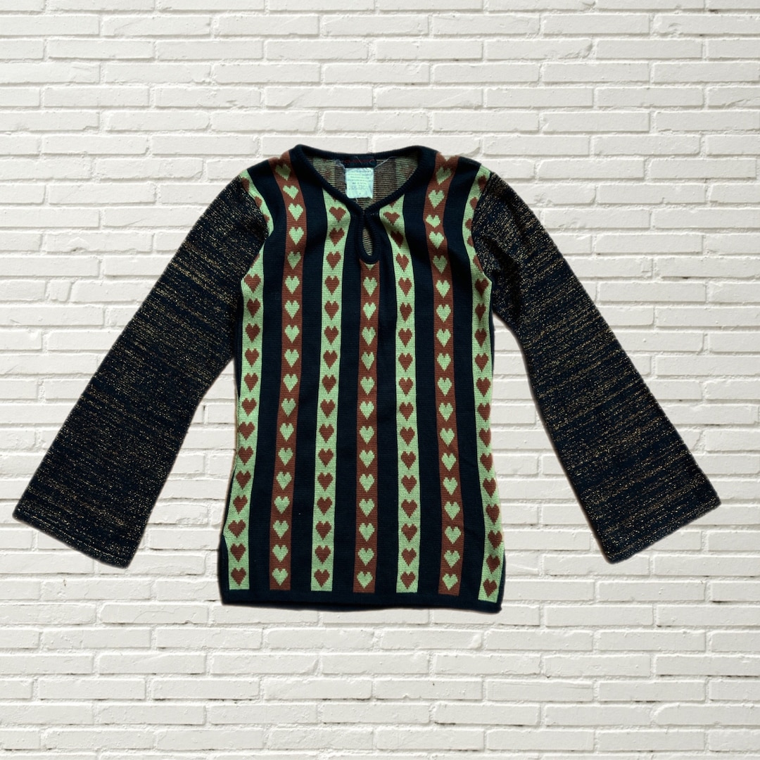 Vintage 90s Y2K Custo Barcelona Knit Top - Heart Print Bell Sleeve