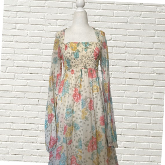 Vintage 70s Maxi Dress - Floral Print Gauze Cotto… - image 2