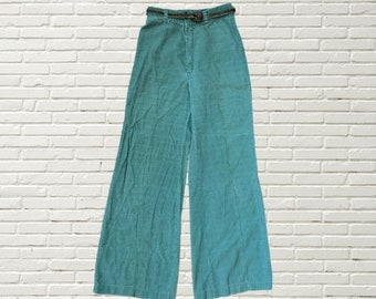 Vintage 70s Sage Green Corduroy Bell bottom Pants - High Waisted Wide Leg - Belt - Space Legs size xxs