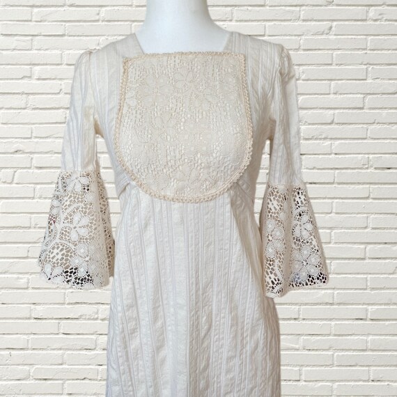 Vintage 70s Prairie Dress - cream with crochet de… - image 2