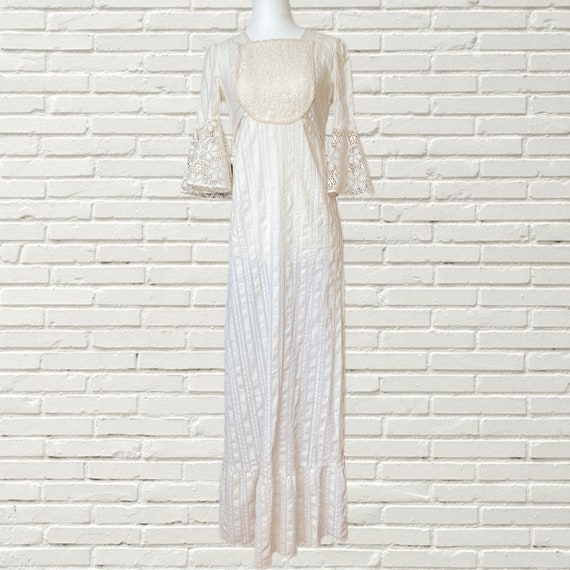 Vintage 70s Prairie Dress - cream with crochet de… - image 1