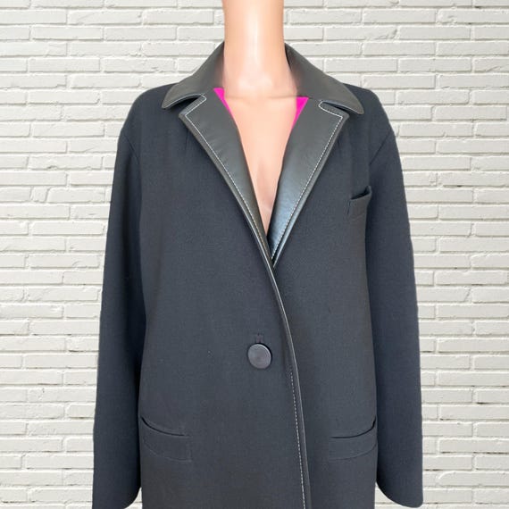 Vintage Y2K BALENCIAGA Black Wool Coat - Hot Pink Lining - Leather