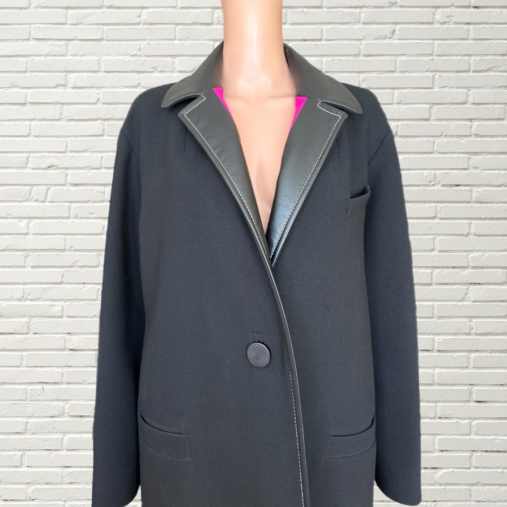 Vintage Y2K BALENCIAGA Black Wool Coat - Hot Pink Lining - Leather