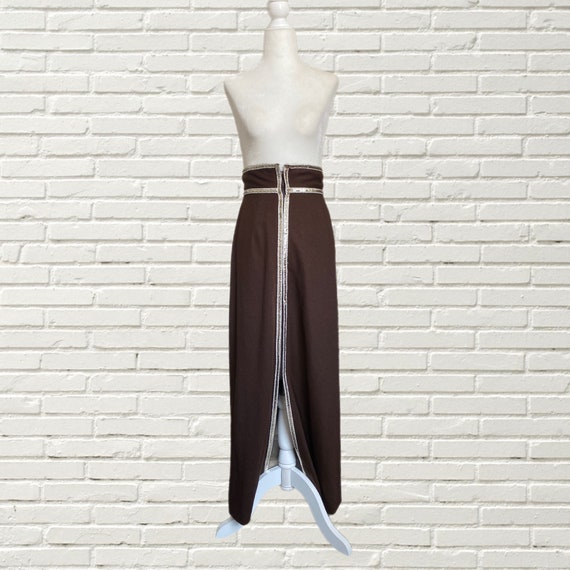 Vintage 60s Mod Maxi Skirt - Brown Wool Blend Gol… - image 2
