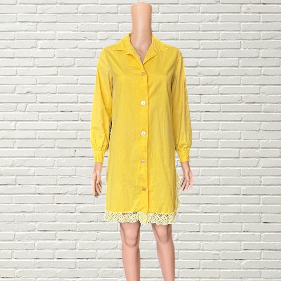 Vintage 60s Mini Dress - Yellow Cotton Long Sleev… - image 1