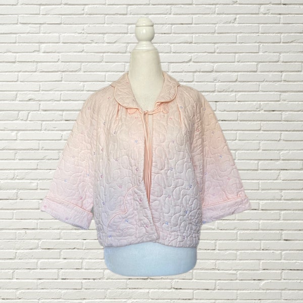 Vintage 50s Barbizon Quilted Bed Jacket - Pink w Blue Floral Embroidered - Cropped - size m