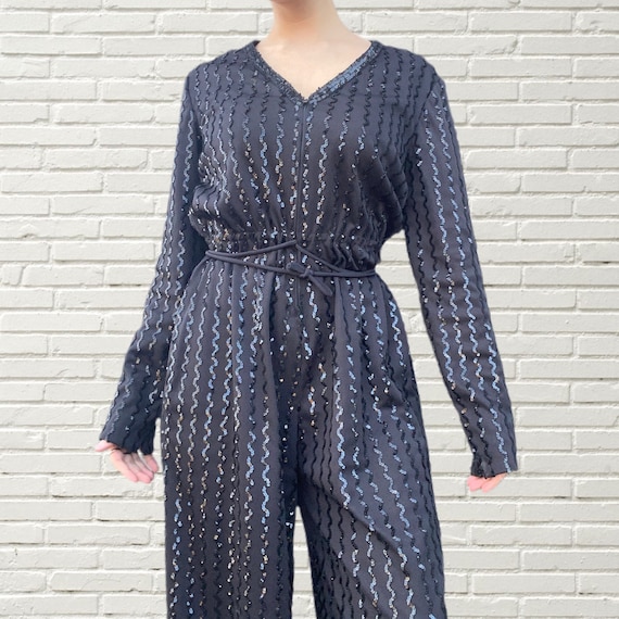 Vintage 70s - 80s Jumpsuit - Black Sequin Disco L… - image 2