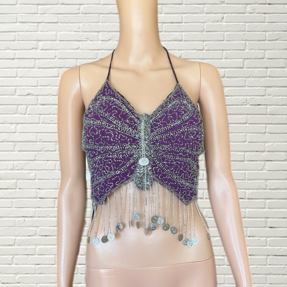 Vintage 90s Y2K Beaded Butterfly Halter Top - Purple Silk