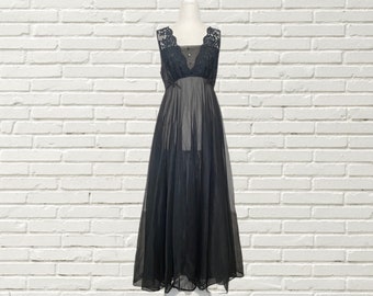 Vintage 60s 70s Slip Dress - Black nylon Babydoll Maxi - Val Mode Xs/s