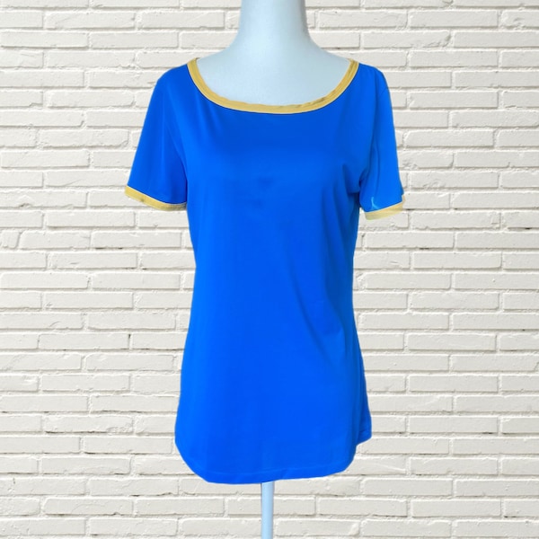 Vintage 70s Mesh Top Blue micro mesh t shirt with yellow trim