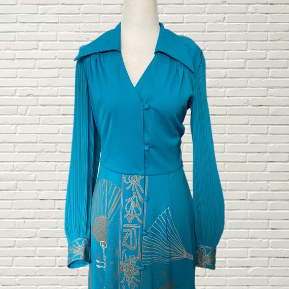 Vintage 70s Alfred Shaheen Maxi Dress - Blue Long… - image 4