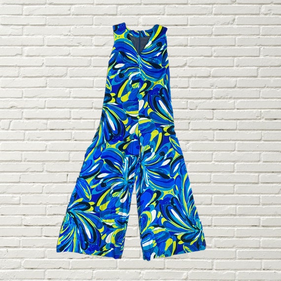 Vintage 70s Jumpsuit - Blue Green Abstract Swirl … - image 3