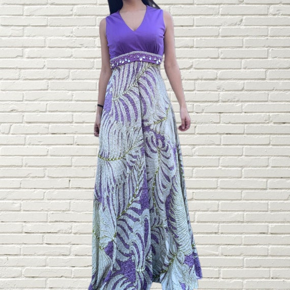Vintage 60s Psychedelic Maxi Dress - Purple Tropical Print Gown, XS/S