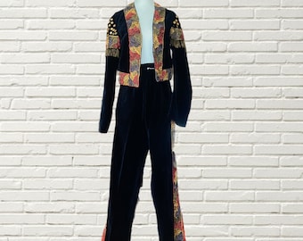 Vintage 60s 70s Two Piece Black Velvet Pant and Jacket Set Glam Rock Embroidered performer costume