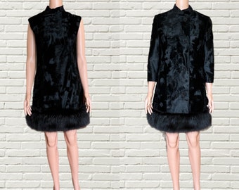 Vintage 60s Mod Black Fox Fur Trim Mini Dress and Coat Two Piece Set