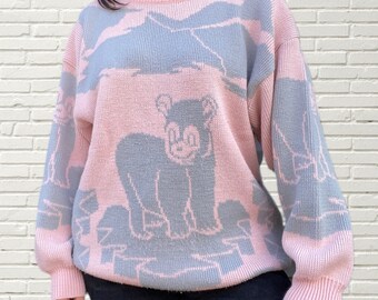 Vintage 80s Pastel Bear Knit Crewneck Sweater