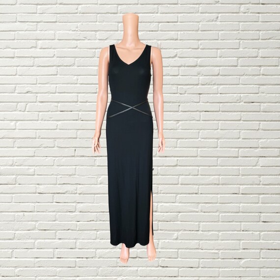 Vintage 90s Y2K Donna Karen Black Maxi Dress Leat… - image 1