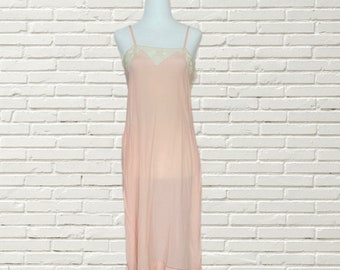 Vintage Antique 1920s Silk Slip Dress - pink with cream lace - Art Deco midi length size xs/s