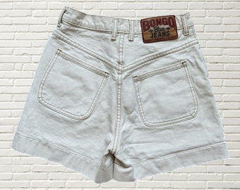 Vintage 90s Bongo Shorts - Cream & Brown High Waisted Cotton Denim