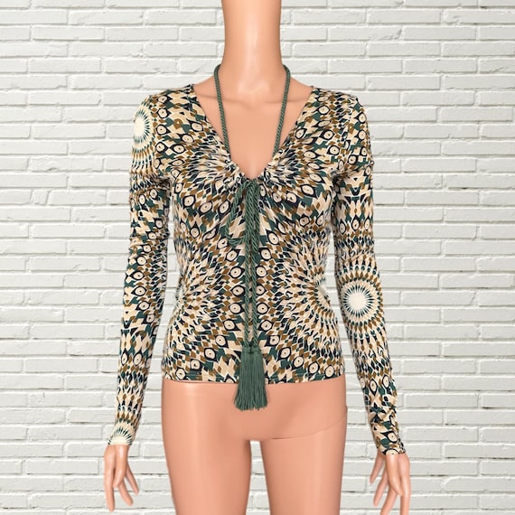Vintage Y2K Valentino Top - Boho Geometric Print Long Sleeve - Rope Tassel Detailing