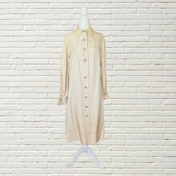 Bill Blass, Vintage 60s BILL BLASS Cream Silk Dress - Pintuck Pleating Collared Front Button