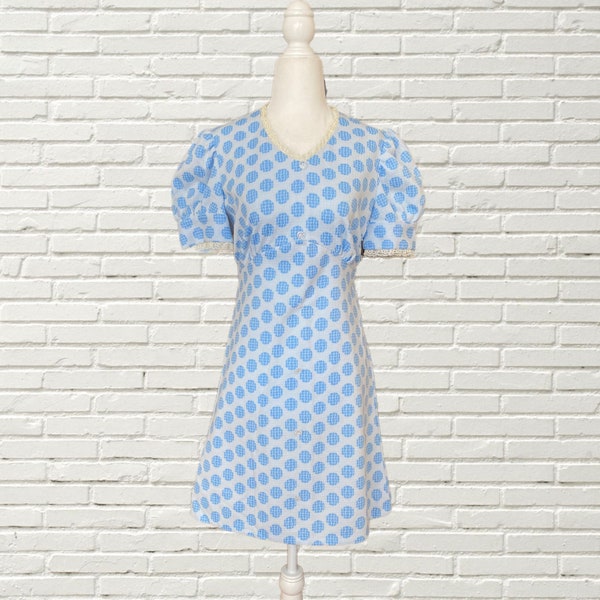 Vintage 70s Blue Polka Dot and Lace Babydoll Mini Dress size xs/s