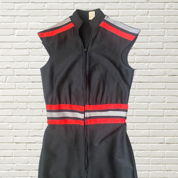 Vintage 70s Jumpsuit - Black with Red Striped Str… - image 3