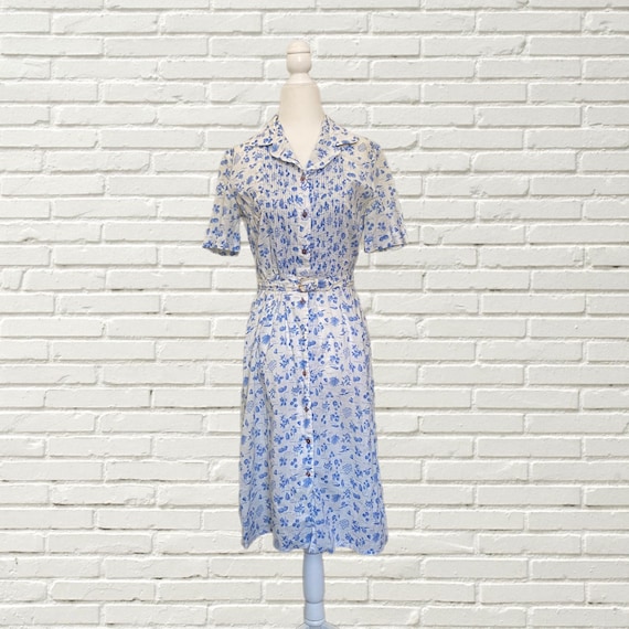 Vintage 60s Novelty Print Cotton Day Dress - Whit… - image 1