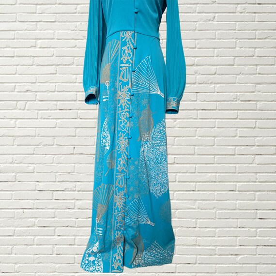 Vintage 70s Alfred Shaheen Maxi Dress - Blue Long… - image 2