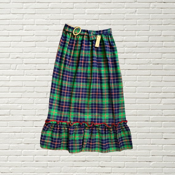 Vintage 70s Plaid Tartan Maxi Skirt - Ruffle Hem,… - image 1