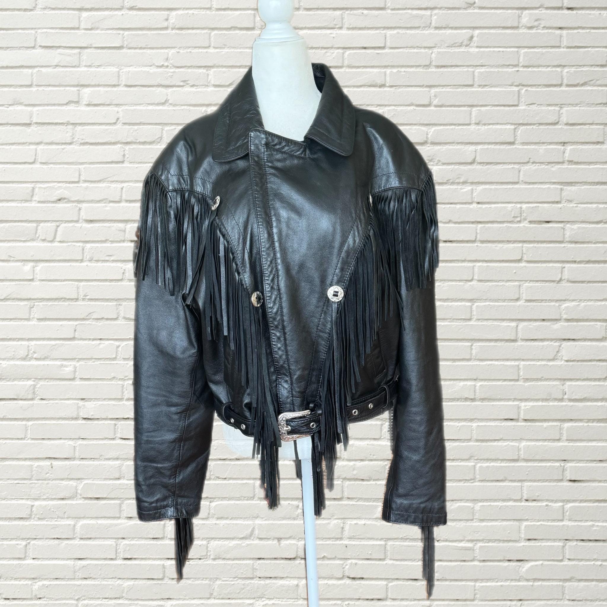 Vintage 80s Black Leather Fringe Jacket - Western Belt