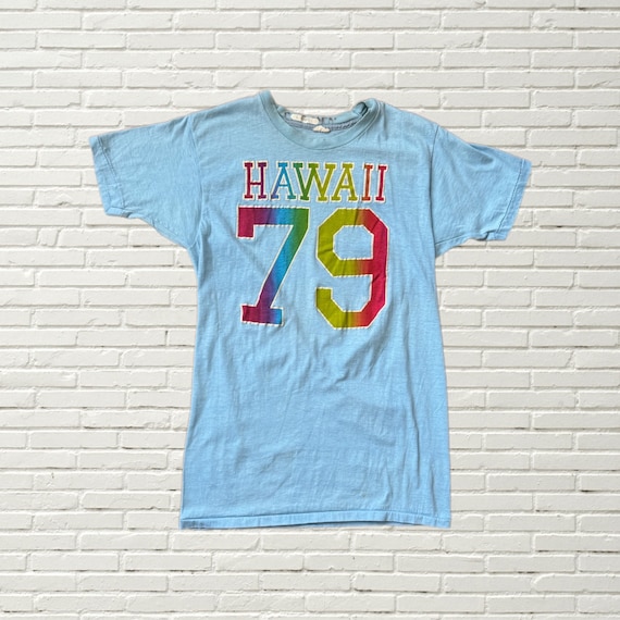 Vintage 70s Hawaii T Shirt - Blue Single Stitch Rainbow Graphic Xs
