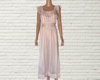 Vintage 60s pink Princess Maxi Slip Dress - Pastel Nylon, Ruffle Detail, size Xs/s