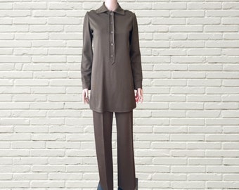 Vintage 70s SAINT LAURENT Brown Wool Leisure Suit - Top and Pant Two Piece Set