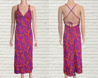 Vintage 60s 70s Psychedelic Print Maxi Dress - Pink Purple Paisley Print Strappy Back