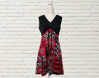 Vintage 60s 70s Babydoll Mini Dress - Red Black Geometric Psychedelic Print - Kelly Arden size xs